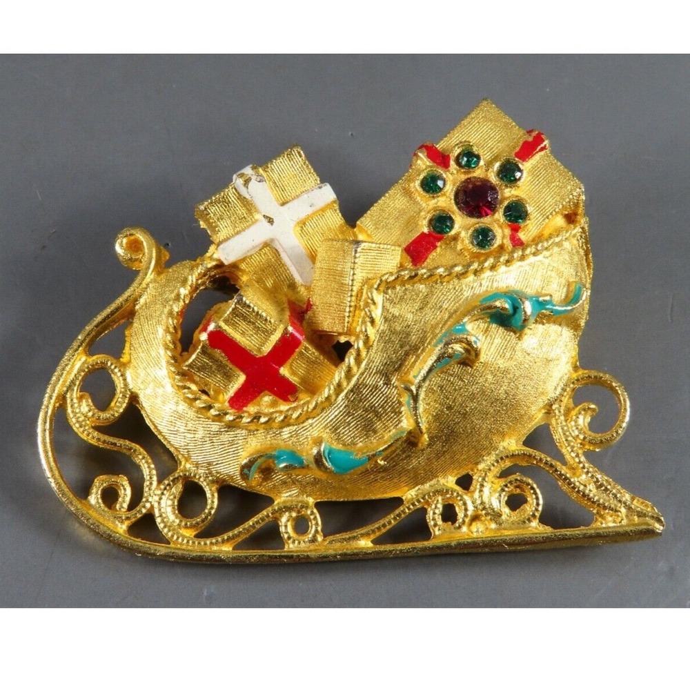 Vintage MYLU CHRISTMAS BROOCH PIN Brushed Gold Tone SANTA'S SLEIGH Rhinestones